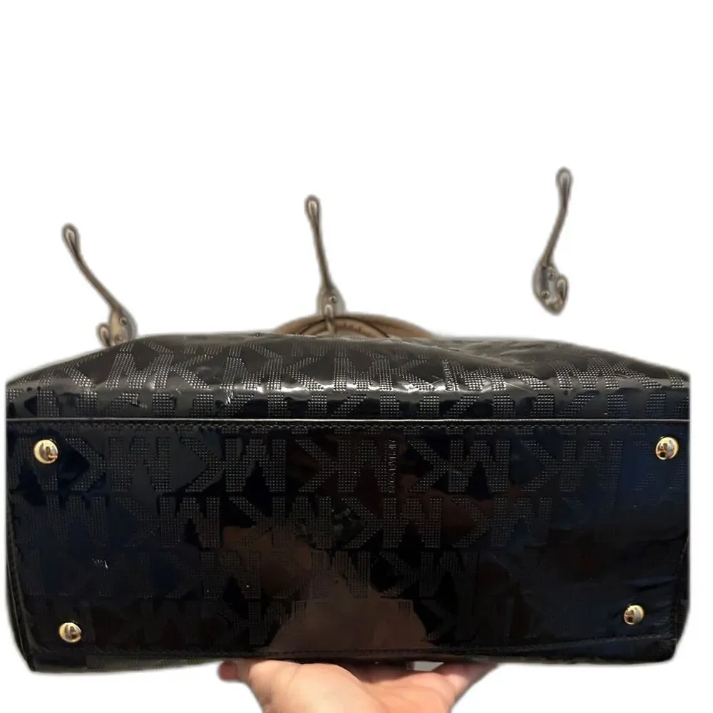 MICHAEL Michael Kors Black Signature Patent Leather Satchel with Gold MK Charm